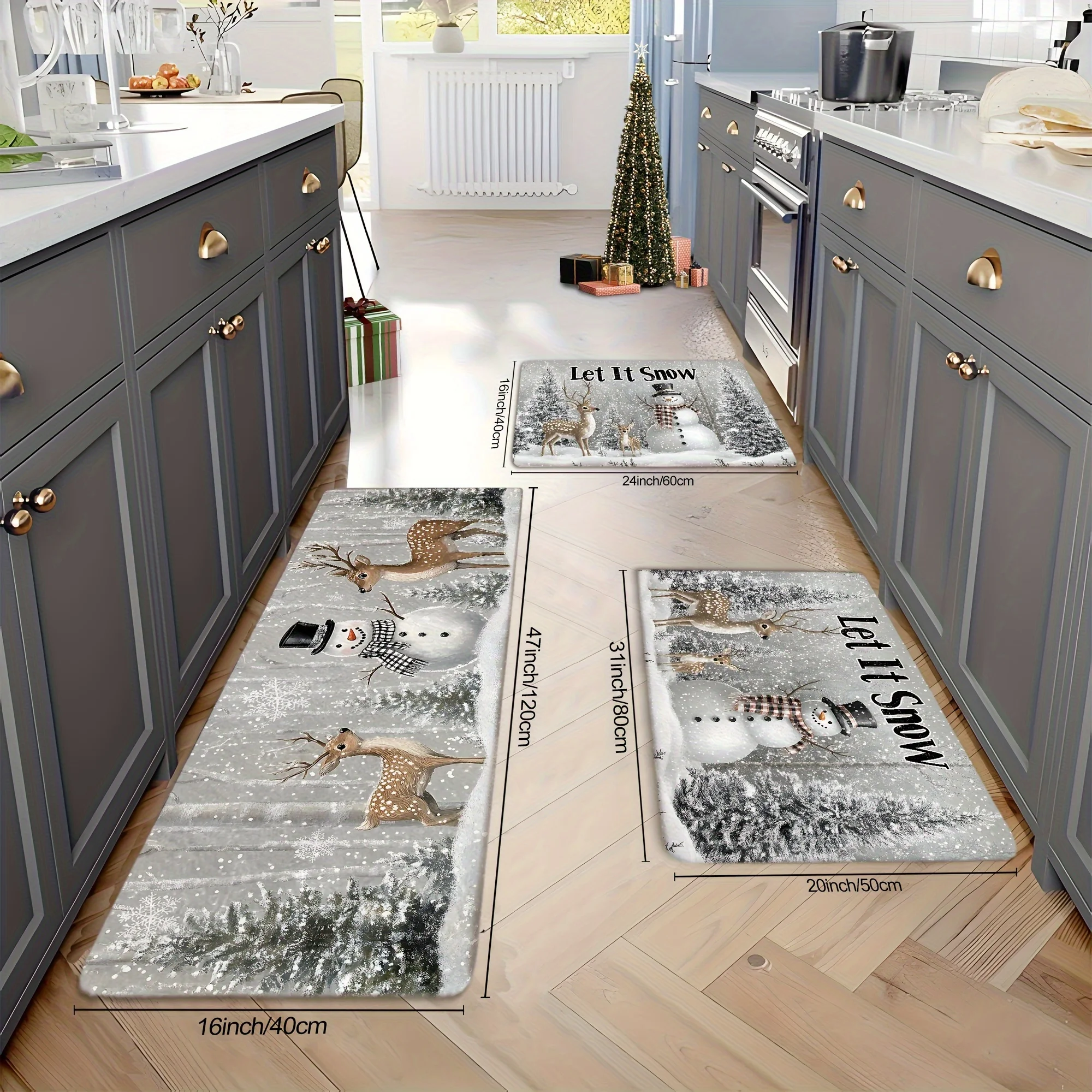 VIKAMA Winter Christmas Kitchen Rug Set Anti Slip Washable Mat Snowman Deer Forest Snowflake Let It Snow Floor Runner