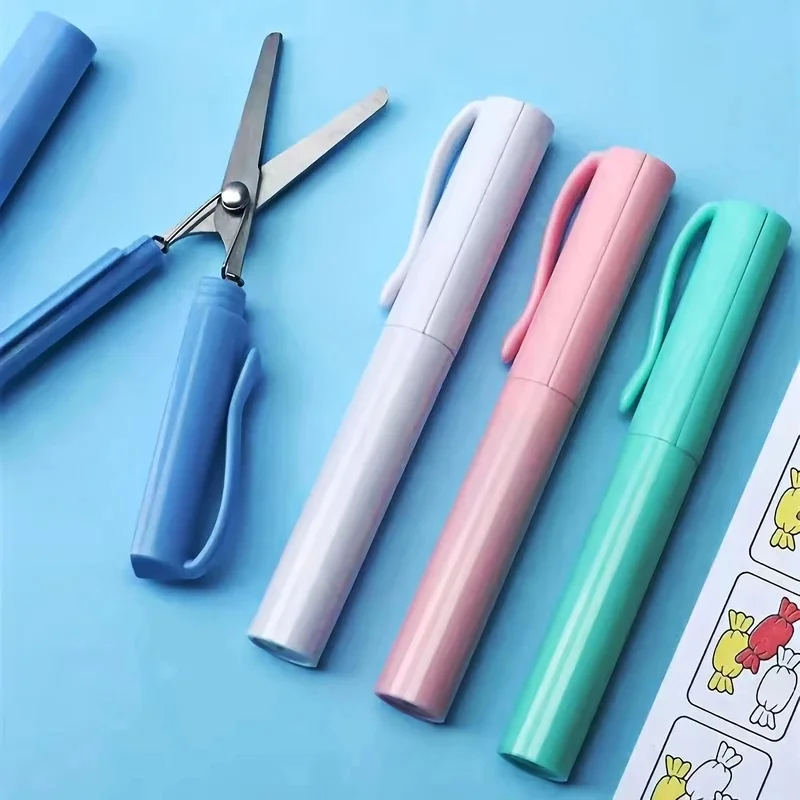 1PC Compact Mini Folding Stainless Steel Scissors Pen-Style Portable Blue Pink White for Students Art Projects