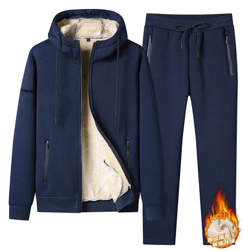 

Male Sports Sets Winter Velvet Thickened Hooded Sweatshirt Pants Suit Men's Loose Oversize High Street Cardigans Trousers JJ512