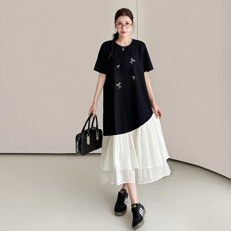 Summer Dresses for 2025 Loose Asymmetrical Patchwork Mesh Lady Vestidos Heavy Diamond Black T-Shirt Dress Female Robe KE6671