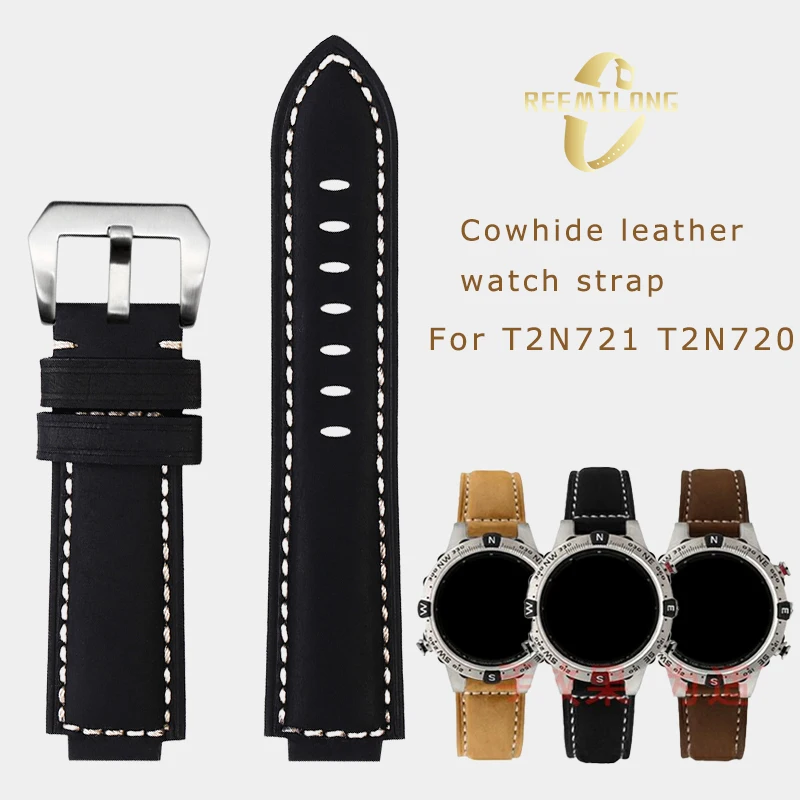 สายนาฬิกาหนังวัวแบบสายรัด24*16มม. สายนาฬิกาข้อมือวินเทจลายสีดำสีน้ำเงินสีน้ำตาลเข้มสีกากีสีน้ำตาลเข้มสำหรับ T2N720 T2N721 Timex