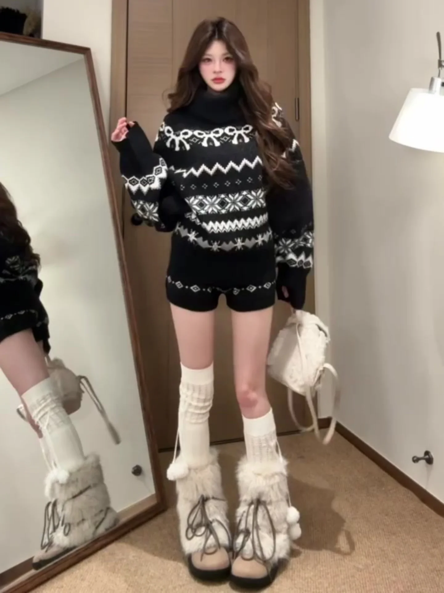 

Корейский вязаный свитер с высоким воротником и узором Fair Isle, женский осенне-зимний комплект из двух предметов: свитер и брюки Cisas Aosphere