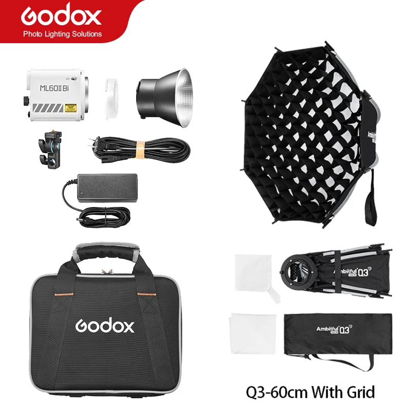 Godox ML60II BI LED-lamp & Q3 40/60cm Softbox Bi-color 2800K - 6500K LED-videolamp SA-GD Speedring Softbox voor buiten vlogs