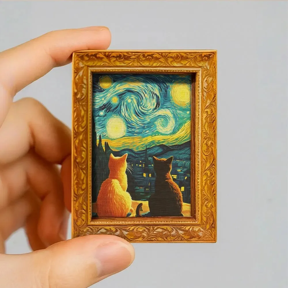 Art Cat Fridge Magnet, Van Gogh Starry Sky Cat Painting Magnet, Cute Home Decor for Kitchen,Fridge & Whiteboard，interesting gift
