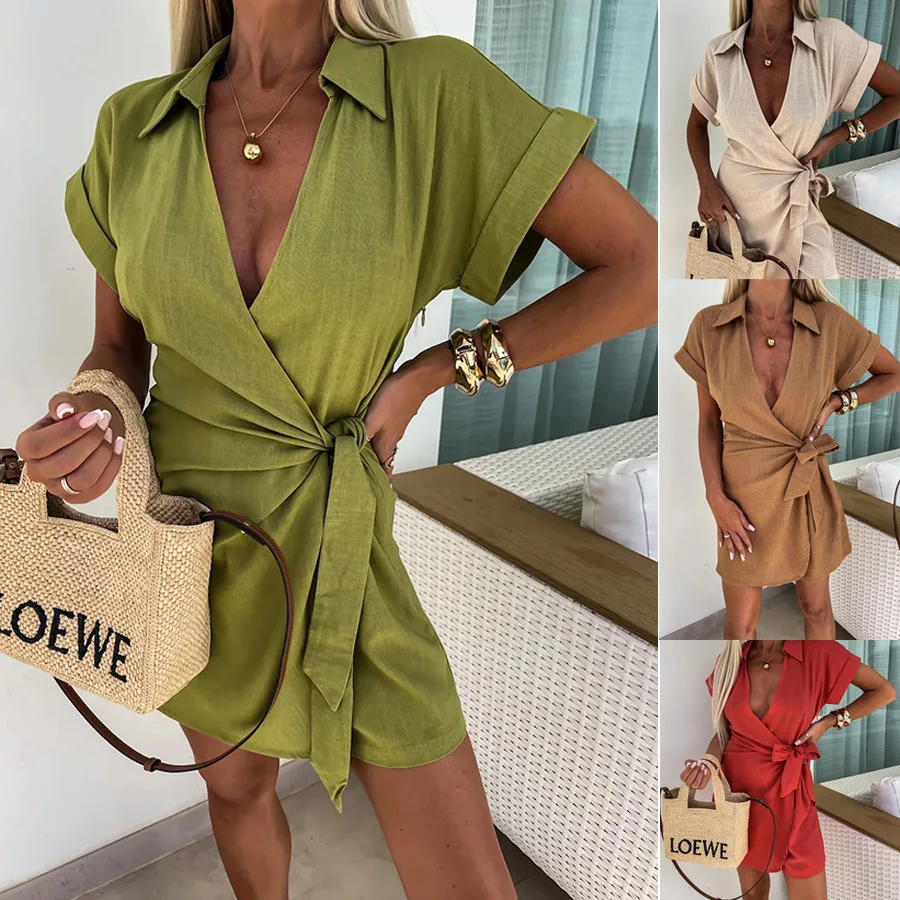 

2024 European and American Spring/Summer New Lace up Lapel Short Sleeve Dress INS Casual Loose Vacation Dress