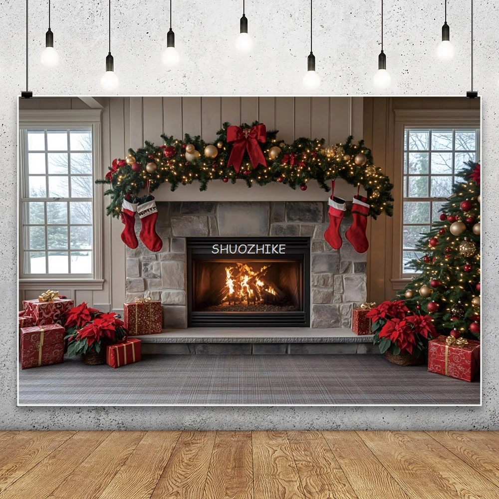 عيد ميلاد سعيد التصوير خلفية شجرة عيد الميلاد الموقد سانتا هدية جورب الأسرة الطفل صورة خلفية ديكور استوديو الصور