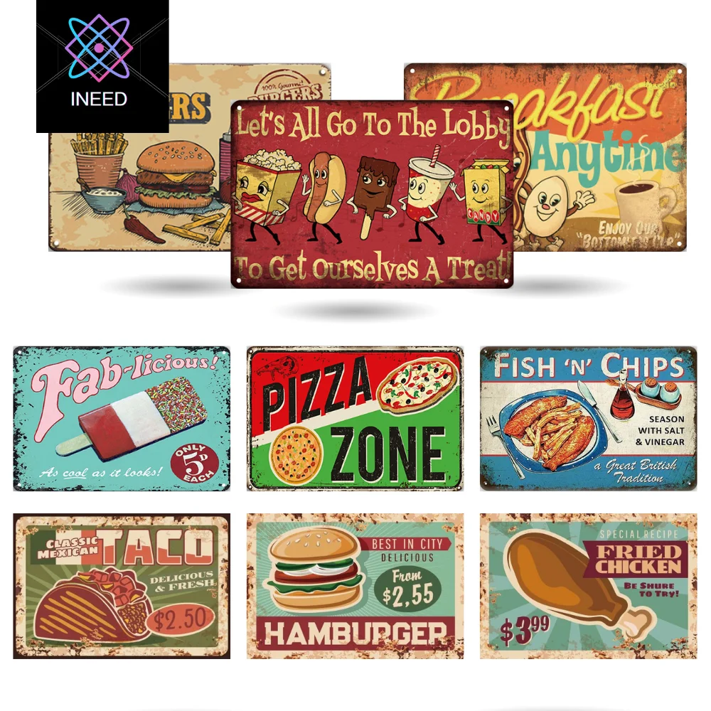 

Vintage Food Metal Tin Signs Hamburgers Hot Dogs Pizza Burger Sign Plaque for Kitchen Restaurant Home Wall Decorations