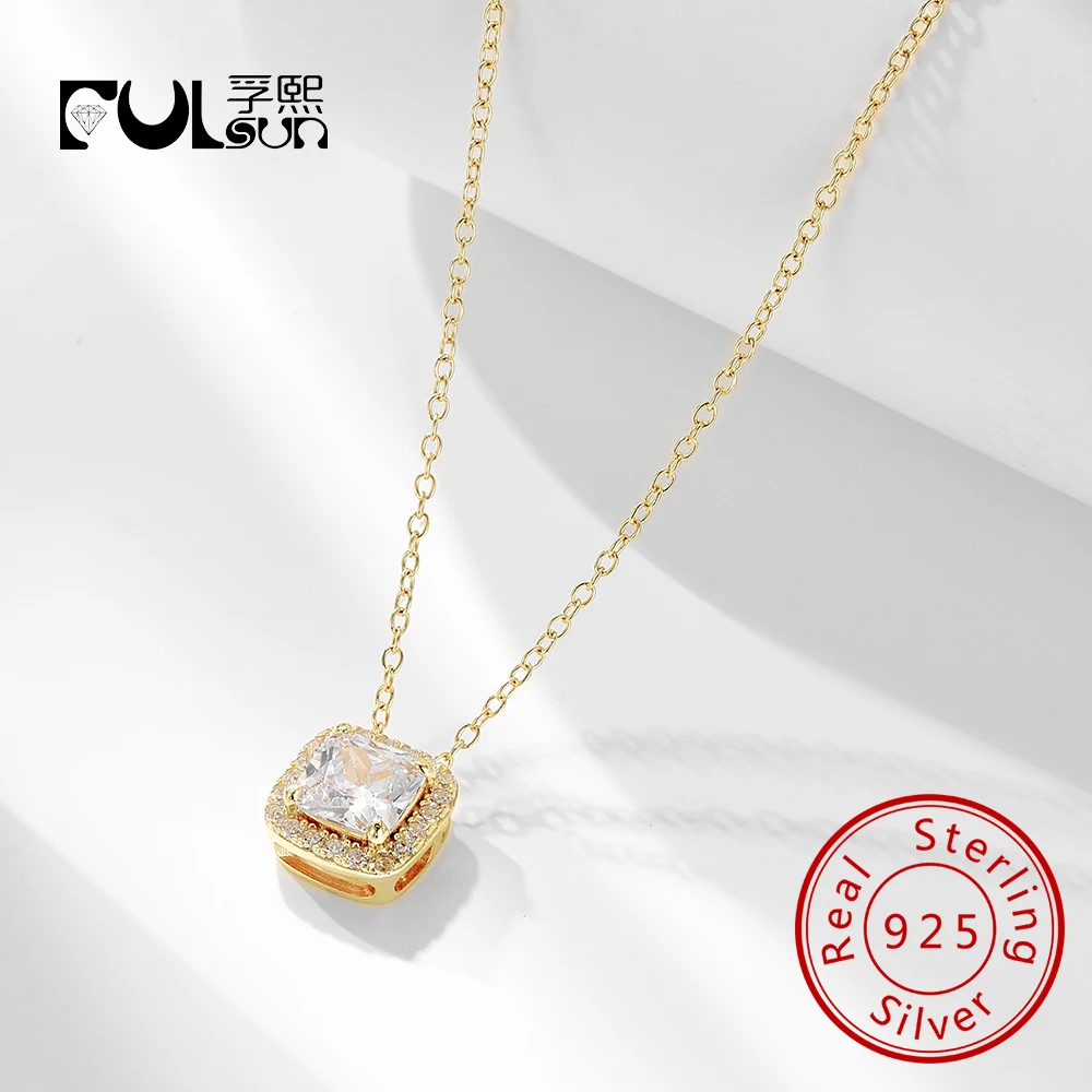 

14K Gold Plated 925 Geometric square Zircon Pendant Classic Square Necklace for women jewelry