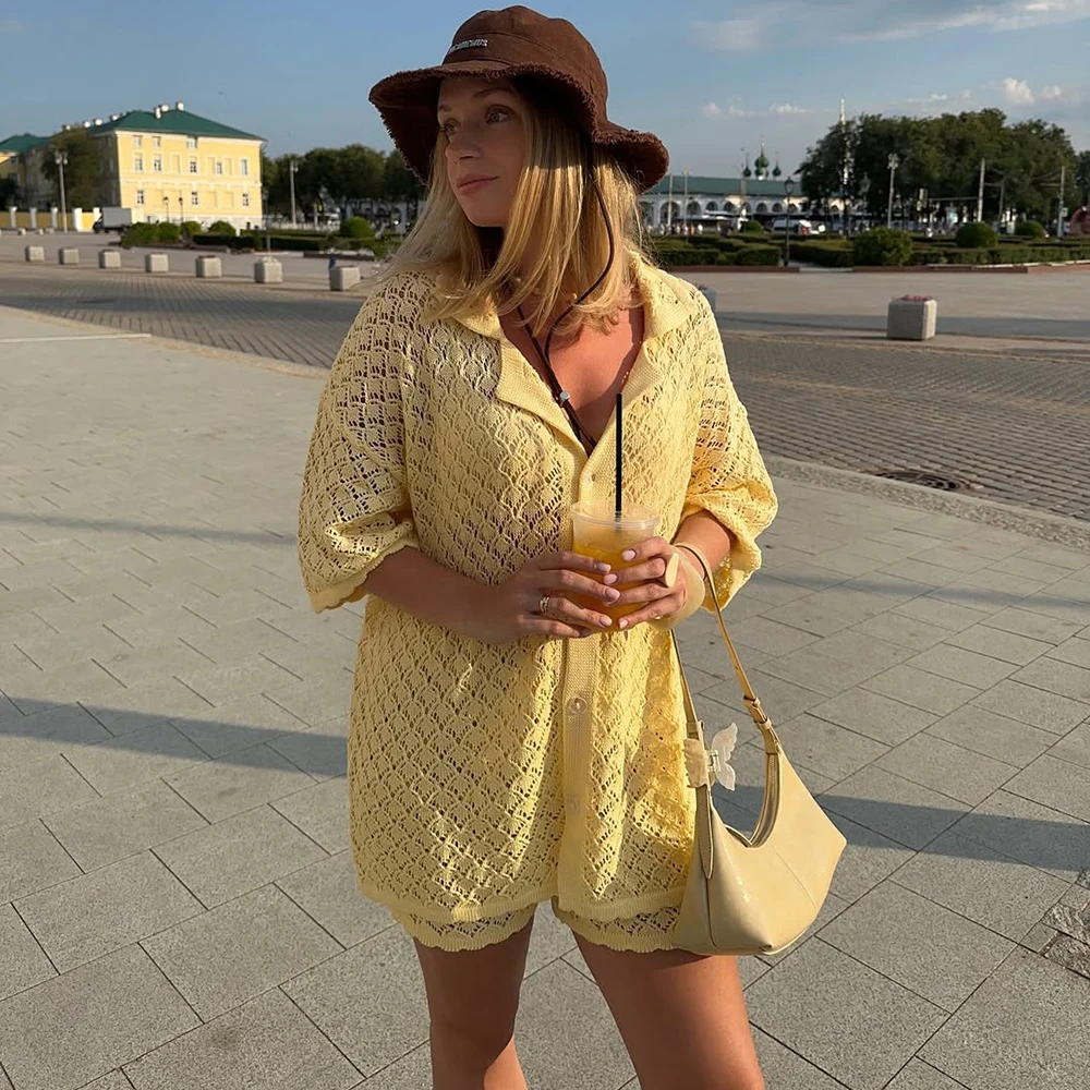 

Talenza Knitted Hollow Short Set Women's Single Breasted Cardigan Top Lace Up Short Set Female Beach Vacation Casual Short Sets