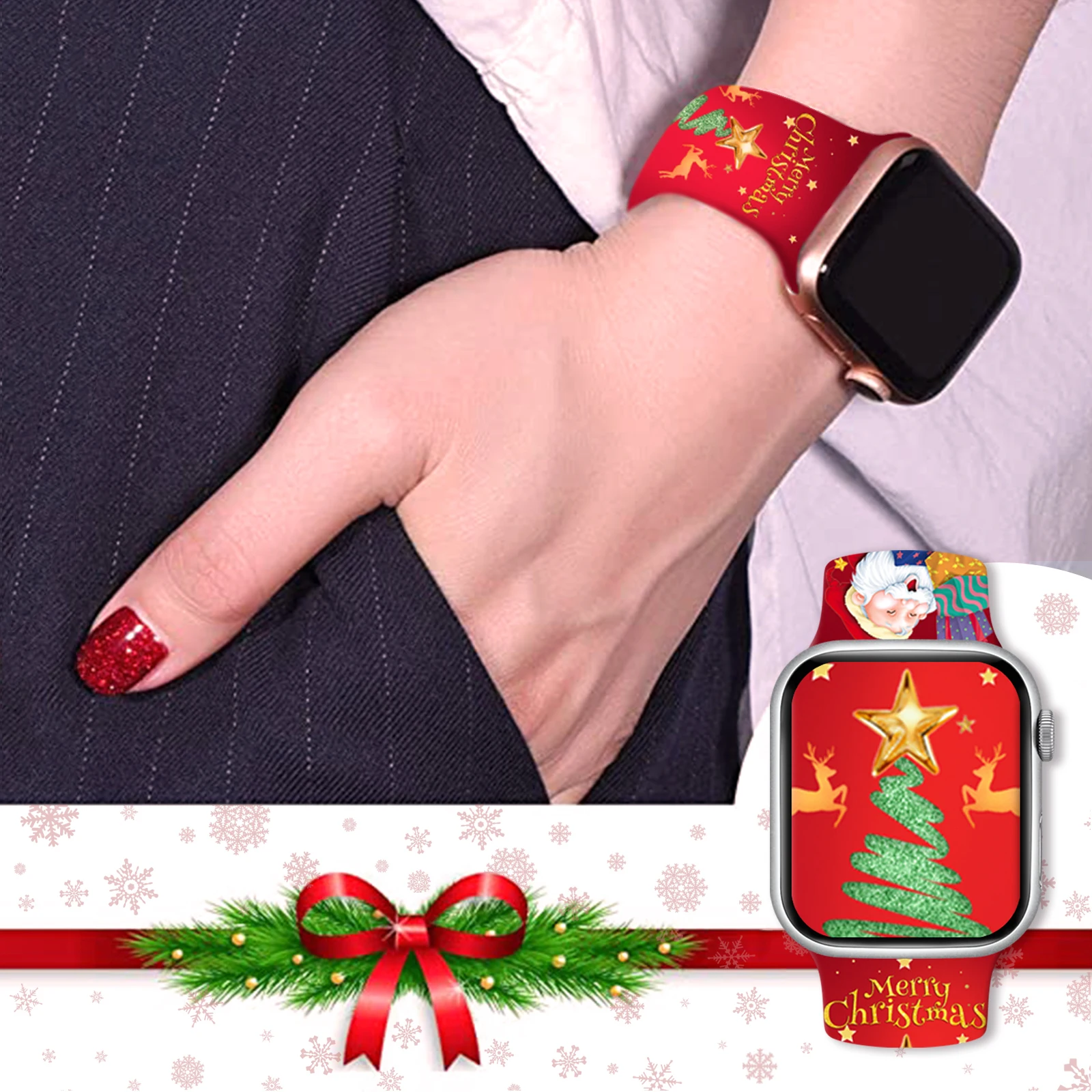 Kerst 6 bedrukte band voor Apple Watch 46 mm 45 mm 42 mm 40 mm 38 mm 49 mm horlogeband vervangbare armband voor iWatch 11 10 9 8 band