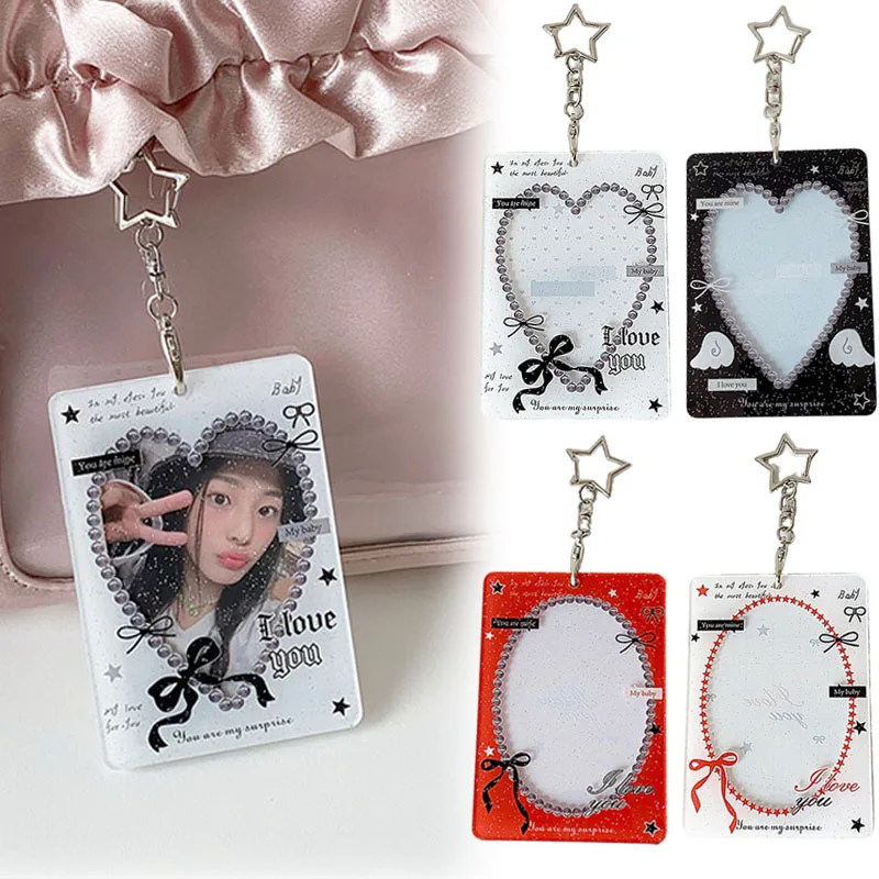 Heart Bow Photocard Holder with Star Keychain Cute Lace Frame ID Card Cover Kpop Photocard Sleeve Bag Pendant Gift for Fans Girl