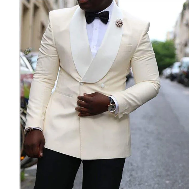 

Double Breasted Men Suits Slim Fit For Wedding Groom Tuxedo African Male Fashion 2 Piece Ivory Jacket With Black Pants 2024