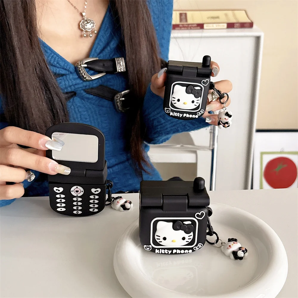 New Flip Phone Style Animation Super Cute Black Hello kitty Cartoon Silicone Headphone Cover For Airpods 4,3,2,1,Pro,Pro2