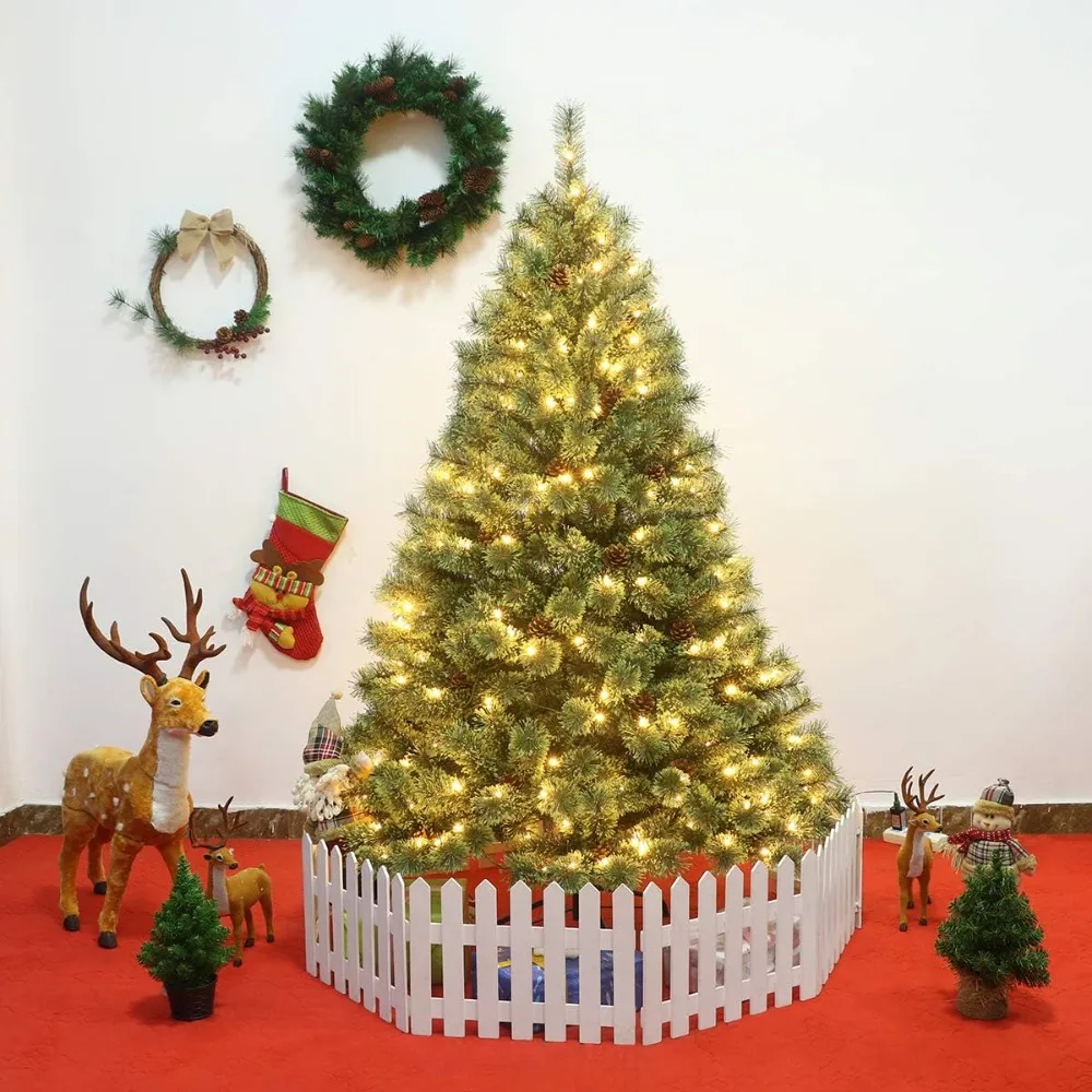 

6ft Pre-lit Artificial Christmas Tree, Hinged Christmas Tree with Metal Stand and Pine Cones, Perfect Christmas
