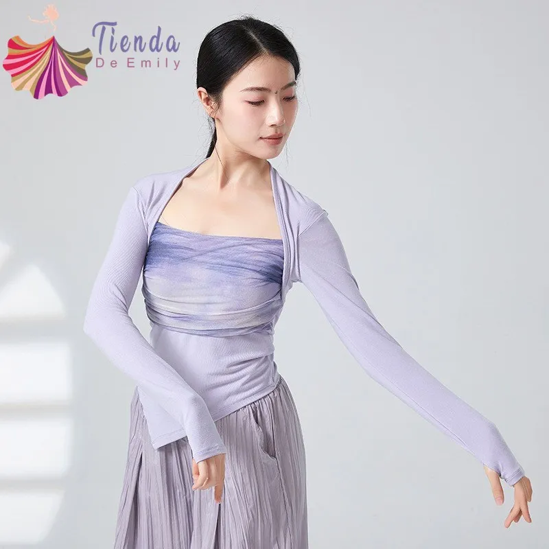 Short Long Sleeve Women Classical Dance Top Printed Elegant Dancer Practice Clothes Thumb Finger Hole Irregular Hem Modern Wear