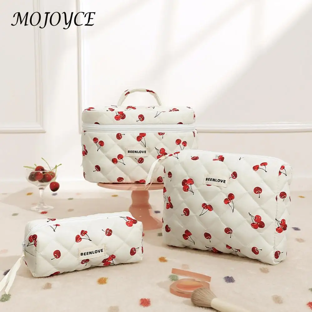 Women Quilted Makeup Bag Cosmetic Organizer Bag Large Capacity Cosmetic Clutch Bag Cherry/Heart Pattern Cute Toiletry Bag