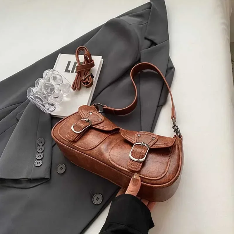 Fashion Double Pockets Design PU Leather Shoulder Bag for Women 2025 Tend Female Crossbody Bag Underarm Bags Handbags bolsa