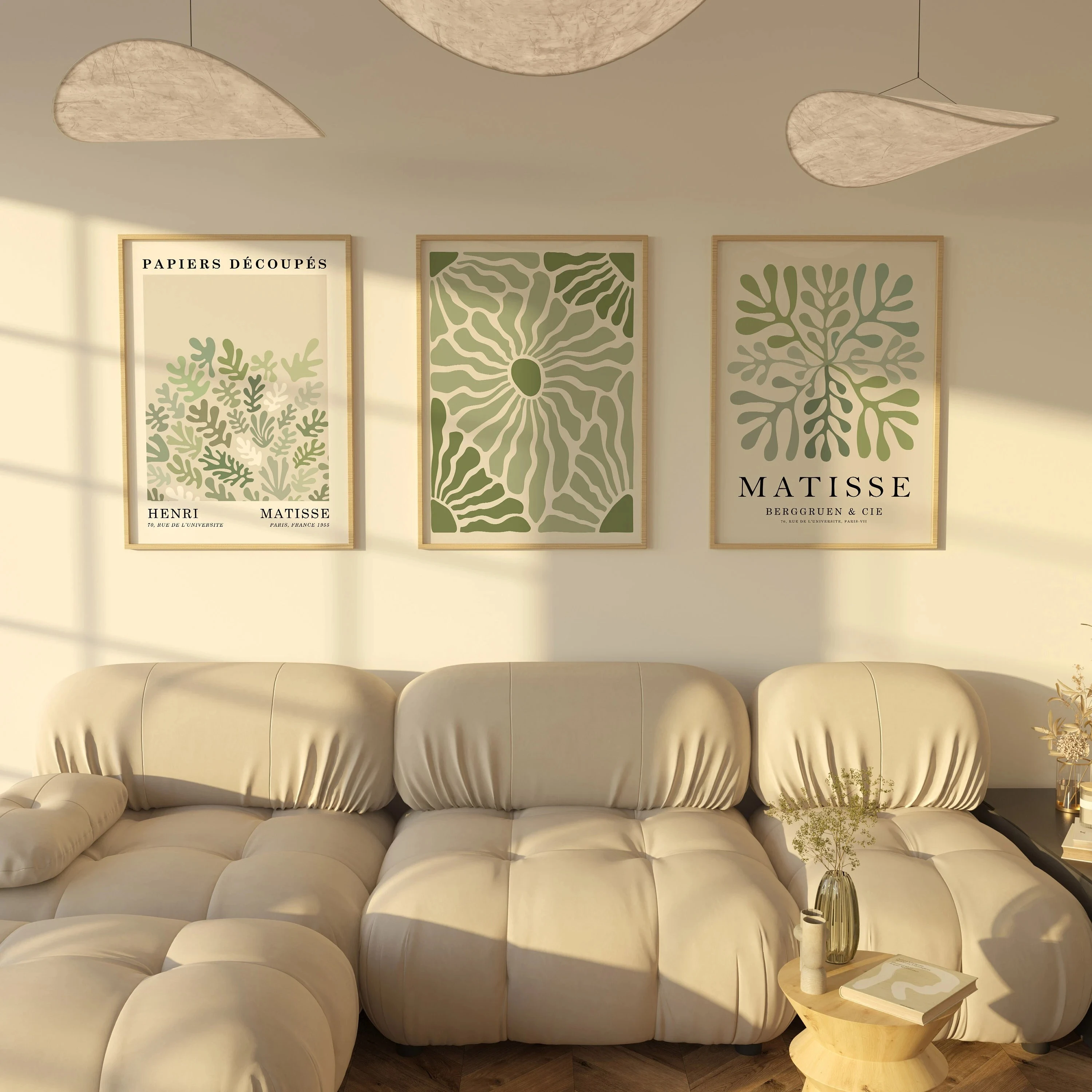 3PCS frameless decorative art print,Matisse Sage Green Wall Art Prints, Abstract Botanical Cutout Canvas Posters, Neutral Boho H