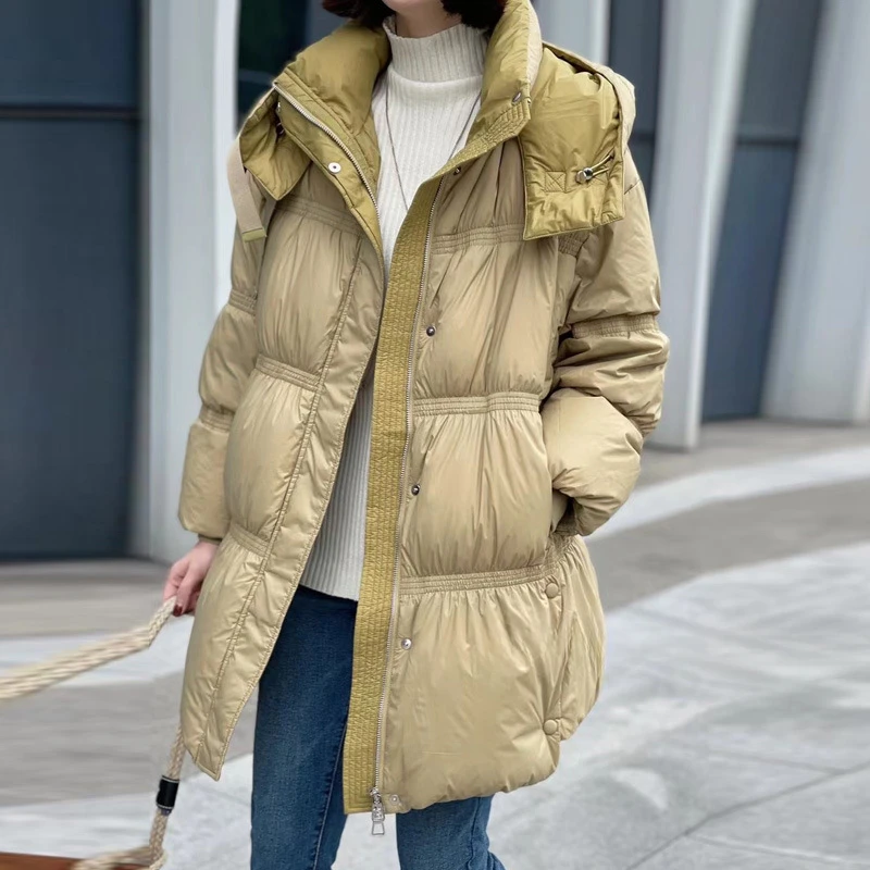 

Women's Hooded Medium-length Down Jacket, White Duck Down, Thickened Warm Puffer Jacket, Loose Casual Overcoat, Fashion, New