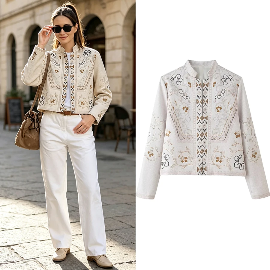 Damen Vintage Chic Print Jacken Damen Herbst Stehkragen Langarm Kurze Mäntel Damen Casual High Street Oberbekleidung Top