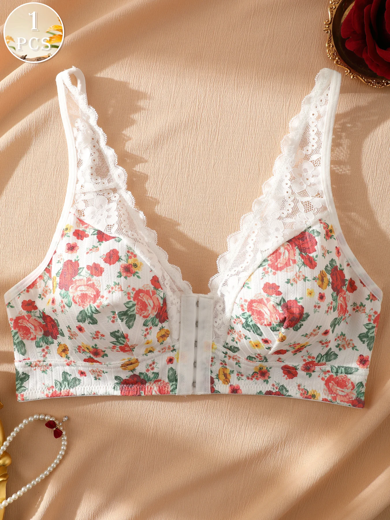 1pc Women's Floral Print Wireless Bra, Lace Trim Front Closure Comfort Bralette (S-XXL) view 4