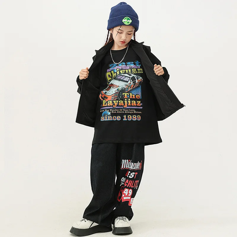 Girls Hip Hop Outfits Streetwear Jazz Modern Dance Costume Black Letter Print Sweatshirt Patchwork Vest Jeans Kpop Stage Clothes