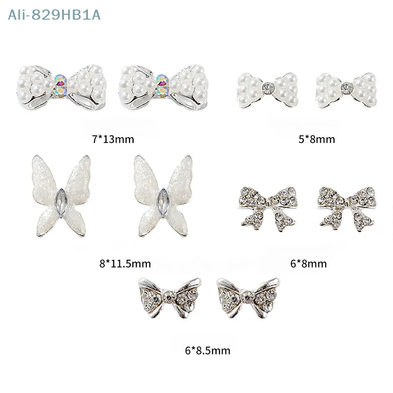 5PCS Bowknot Zircon Nail Accessories Pearl Shimmering Silver Butterfly Inlaid With Diamonds 3D Alloy Nail Decoration