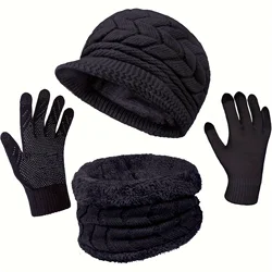 3-Pieces Black Winter Hat Gloves Scarf Set, Knit Warm Beanie Hat Neck Warmer Touch Screen Mittens for Women