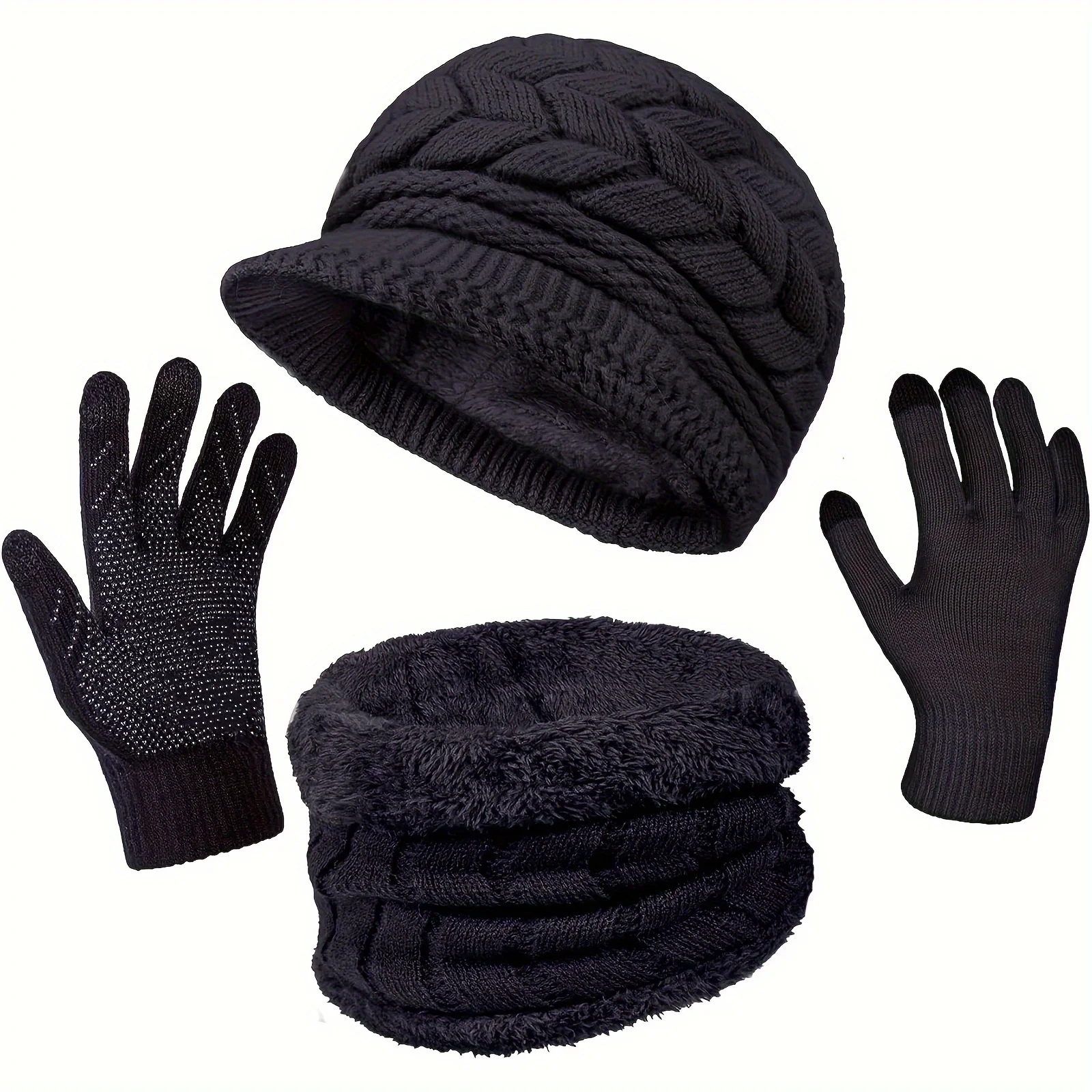 3-Pieces Black Winter Hat Gloves Scarf Set, Knit Warm Beanie Hat Neck Warmer Touch Screen Mittens for Women