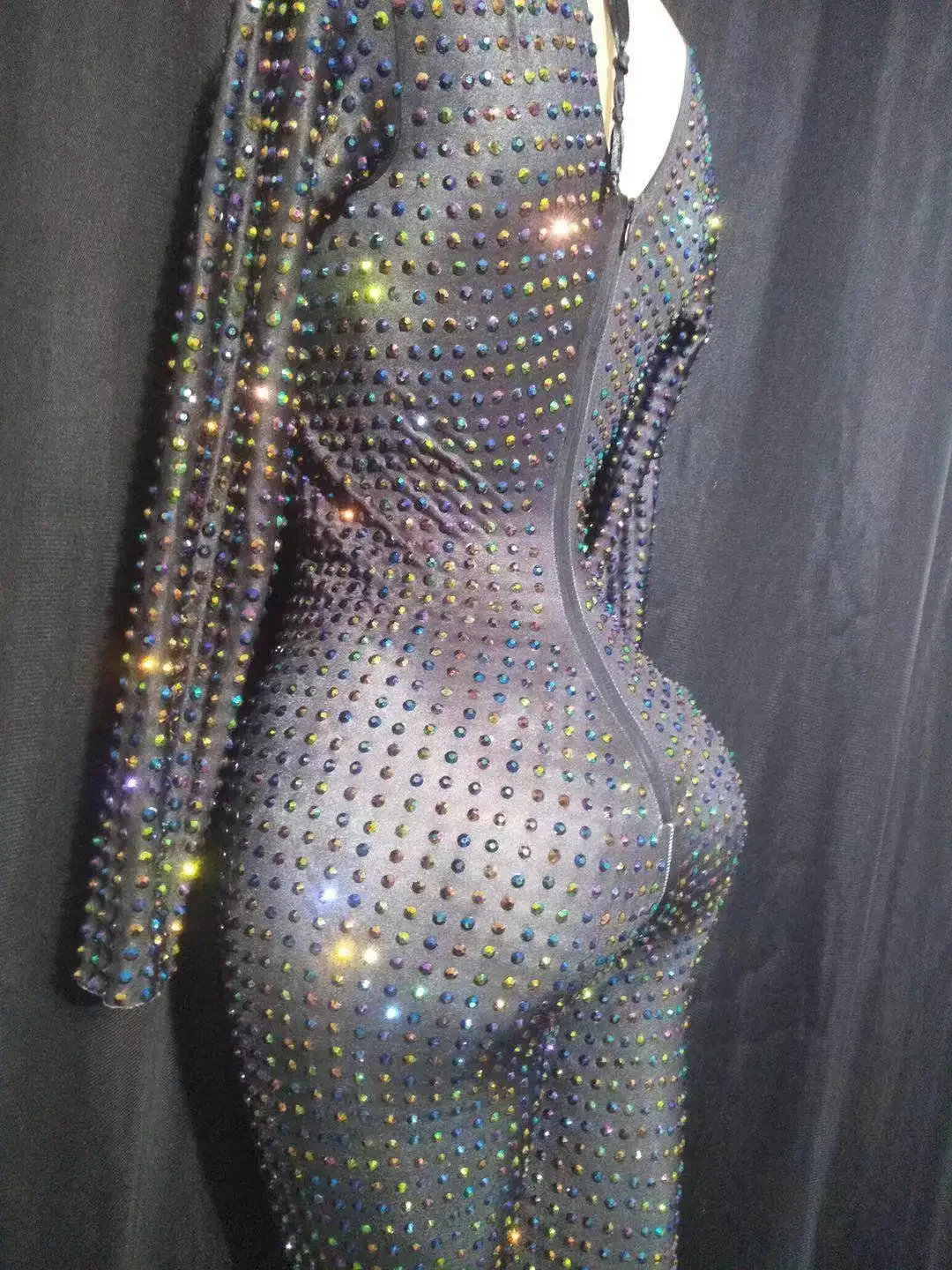 セクシーな AB ラインストーン女性長袖ジャンプスーツパーティータイトフィット黒ロンパース歌手ダンサーナイトクラブステージデザイナー服