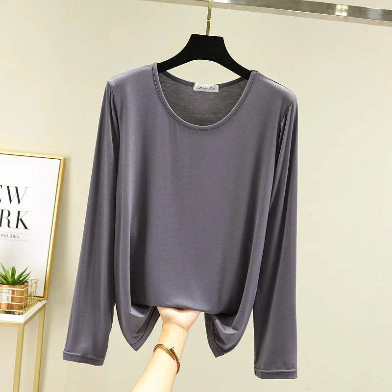Rundhals Lose Modal Herbst Top Frauen Langarm T-Shirt Einfache Feste Dünne Top