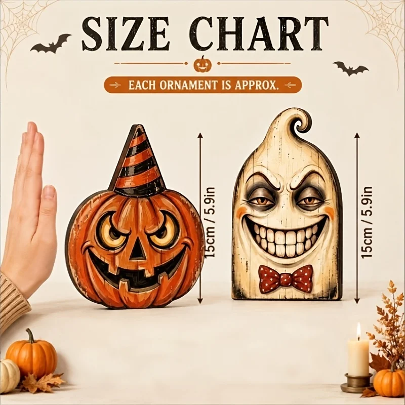 Gothic Wooden Halloween Decorations, Spooky Tabletop Centerpiece for Fireplace Mantel, Vampire Ghost Witch Black Cat Skull Owl