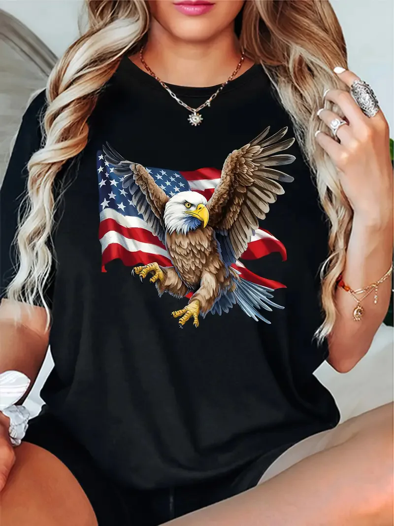 Cotton 100% New Flag Eagle Print Round-neck Short-sleeved Women's Top Aesthetic Clothes Graphic T Shirts Women Clothes Tops