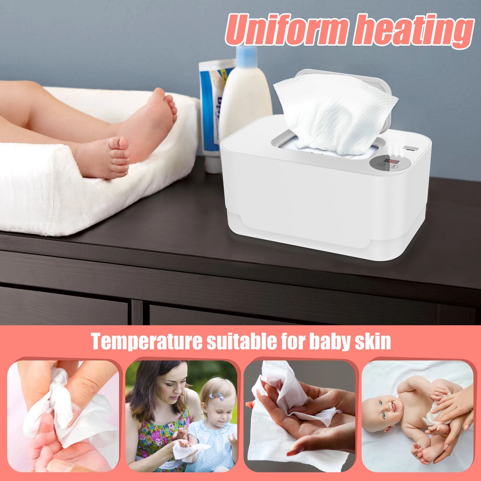 USB Baby Wipe Warmer LED Light Wet Wipes Keep warm Box Adjustable Temperature Heating Diaper Dispenser Portable Large Capacity