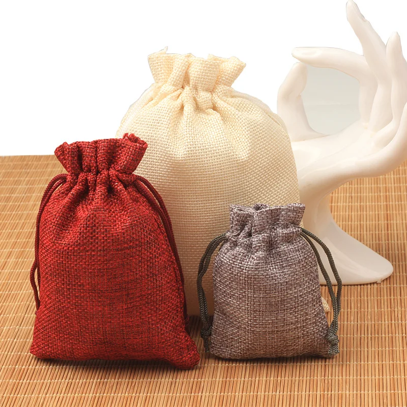 50/100pcs Handmade Natural Burlap Cotton Linen Drawstring Bags Favor Wedding Christmas Gift Bag Jewelry Packaging Bags&Pouches