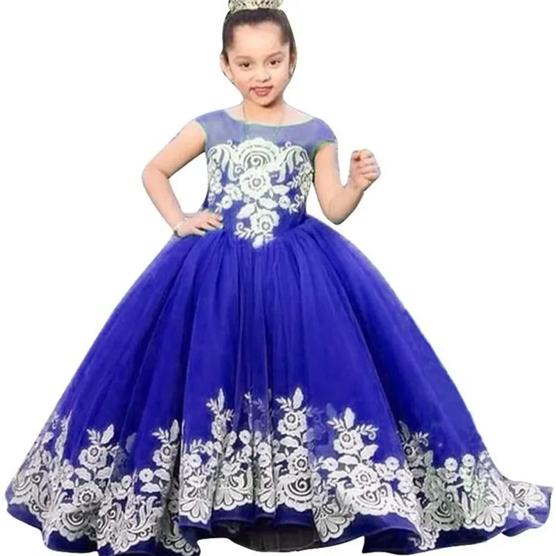 Vestido de flores con apliques para niña, Mangas de gorro de fiesta, vestido de princesa hinchada hasta el suelo, lazo, vestido de primera comunión