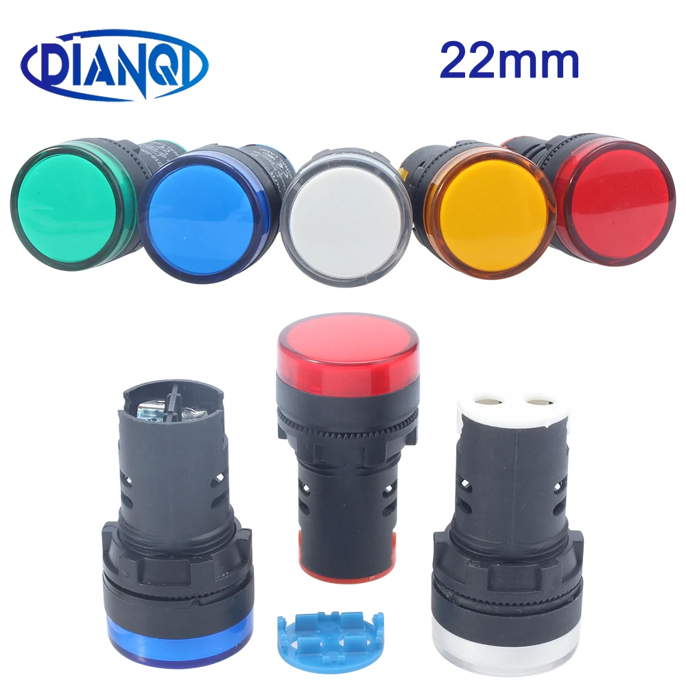 1PCS 22mm Panel Mount Signal Power Led Indicator Light Pilot Lamp Blue Green Red White Yellow Plastic 12V 24V 220V 110V 380V