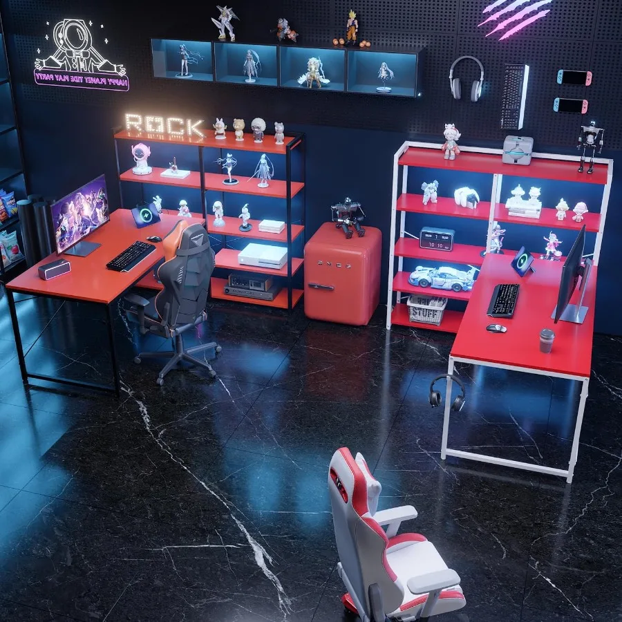 مكتب كمبيوتر على شكل حرف L مع أرفف تخزين جانبية قابلة للعكس، مكتب ألعاب مقاس 49 بوصة مع منافذ طاقة وأضواء LED للمكتب المنزلي #2