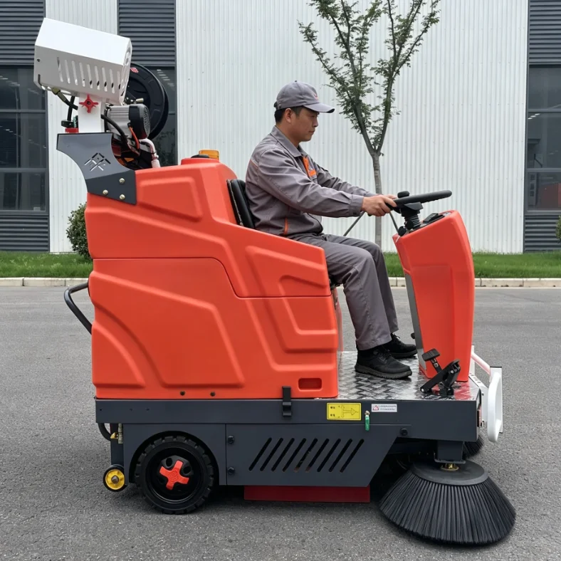 1300mm Cleaning Width Ride on Floor Sweeper Vacuum Dust Control High Pressure Washing Sweeper Machine
