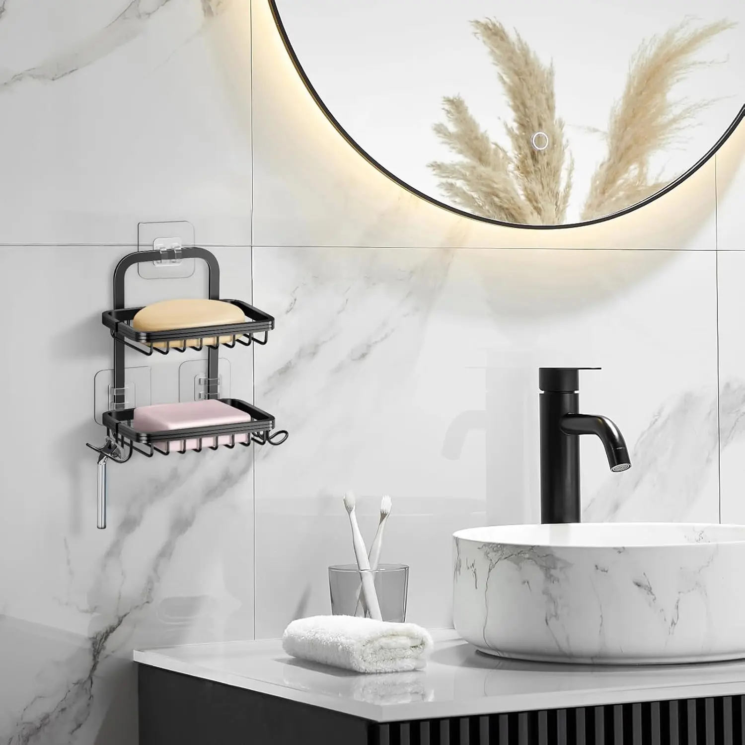 

2-уровневый угловой современный алюминиевый держатель для мыла, 4 крючка, держатель для бритвы, экологически чистый органайзер для аксессуаров для ванной комнаты, черный