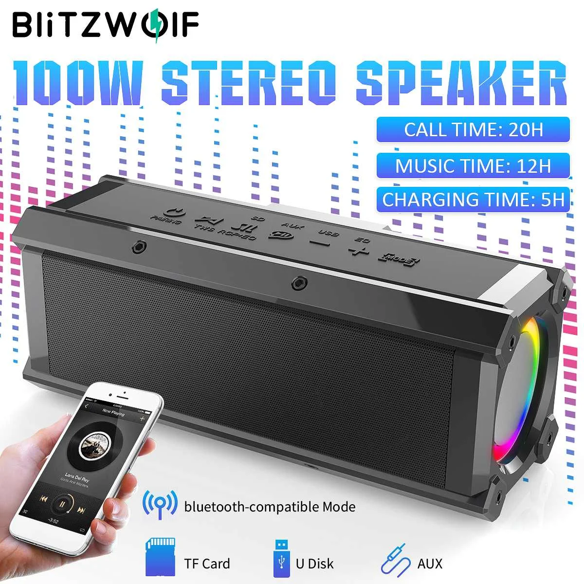 

BlitzWolf BW-WA3 100W bluetooth Speaker Quad Drivers Dual Diaphragm Deep Bass RGB Light TWS 5000mAh IPX5 Outdoor Speakers