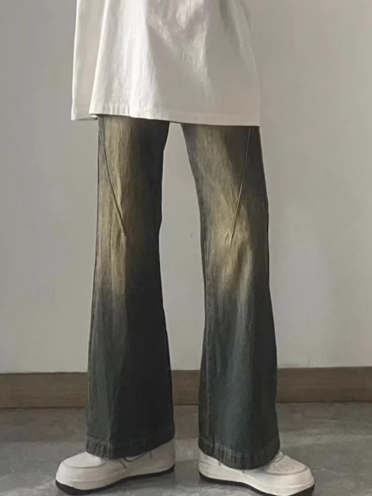 

Retro American Blue Jeans Men's High Street Slim Waed adient Yellow Mud Blue Loose Straight Leg Micro Flared Long Pants