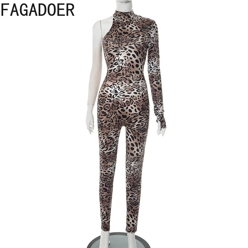 FAGADOER Summer New Sexy Leopard Print Bodycon Jumpsuit Women Long Sleeved Backless One Piece Rompers Female Streetwear Overalls