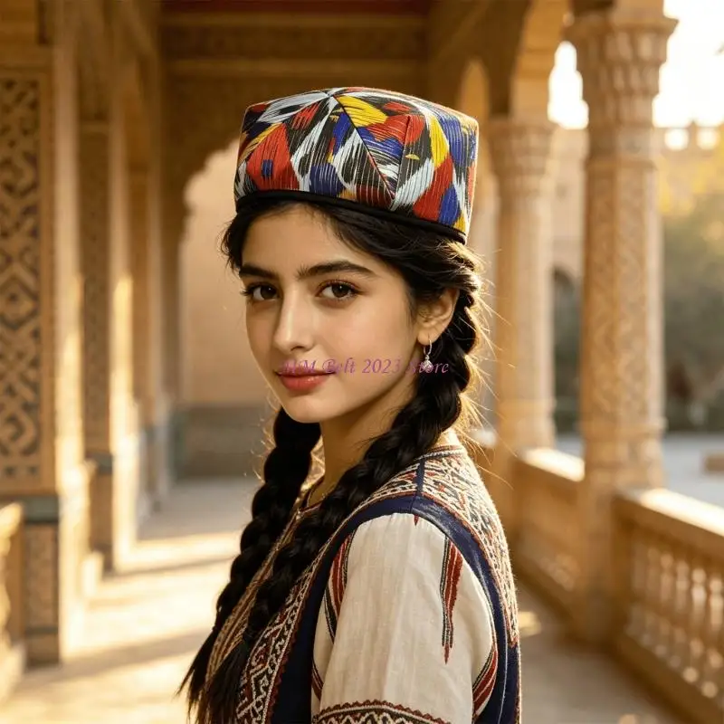 49ME Foldable Four-Corner Uyghur Hat Ethnic Cap for Travel Photos and Theme Parties