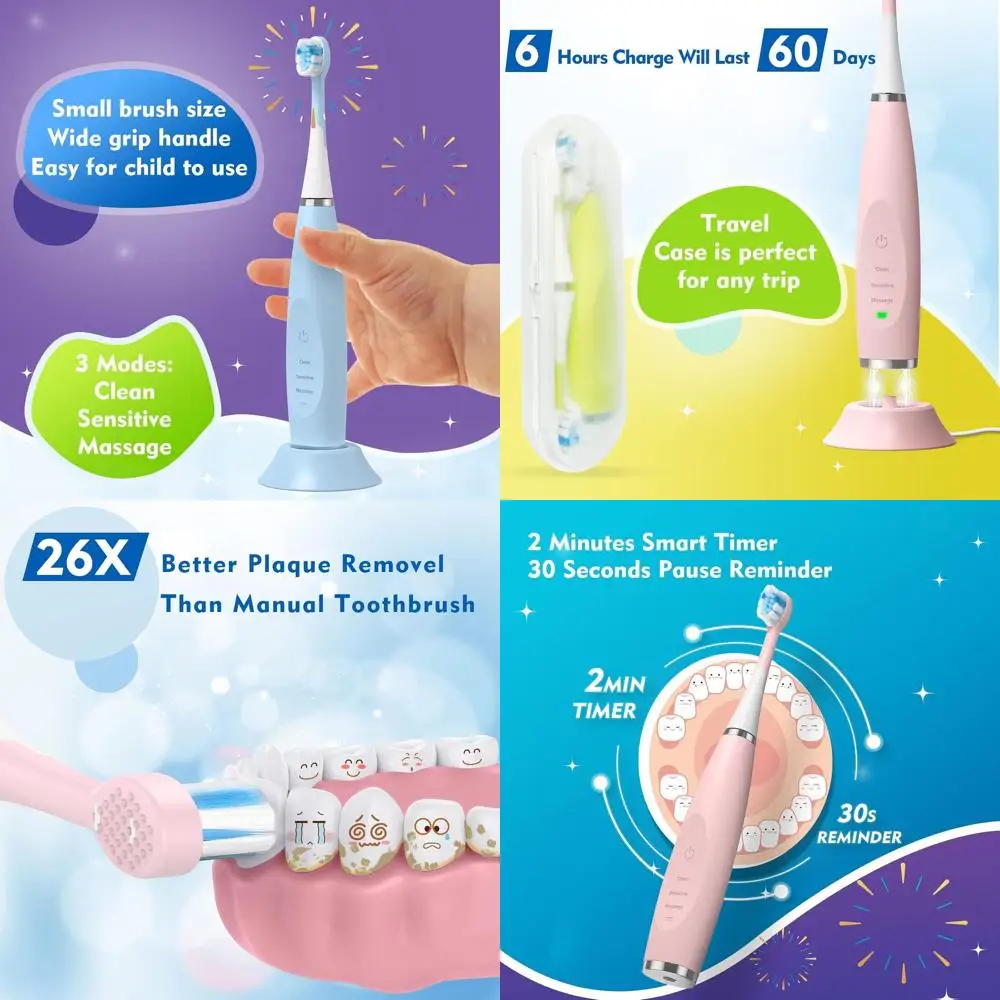 

Электрическая зубная щетка Sonic с функцией интеллектуального таймера для детей от 3 до 12 лет, синяя