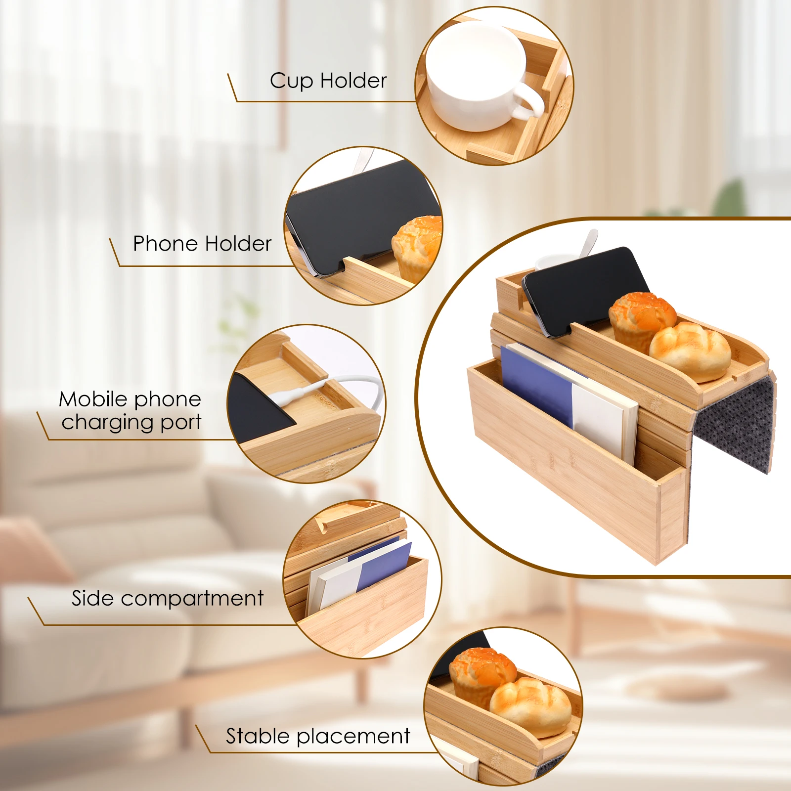 Bamboo Couch Cup Holder Anti-Slip Sofa Armrest Tray Foldable Couch Arm Table for Drink Snack Cellphone TV Remote Control - view 6