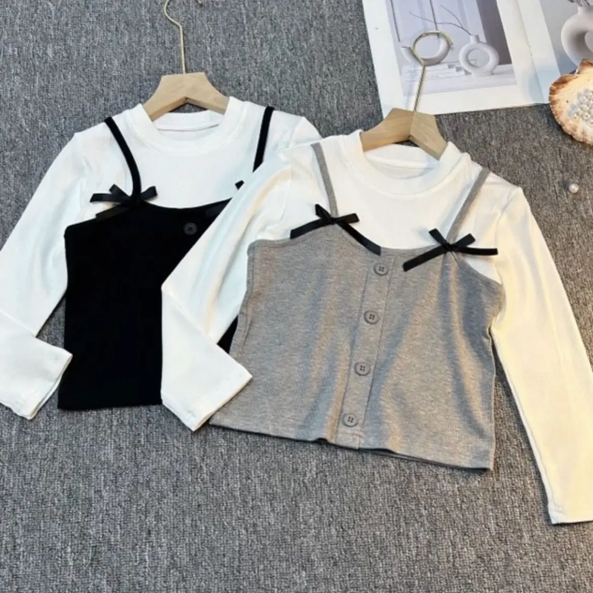 

2025 Spring Girls' Fashion Sweet Fake Two Piece Long Sleeved T-shirt Autumn New Korean Version Children's Top Base Shirt