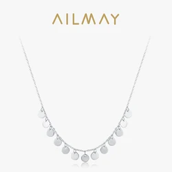 Ailmay Real 925 Sterling Silver Fashion Personality Circular Sequins Pendant Necklace For Women Girls Party Accessories Jewelry