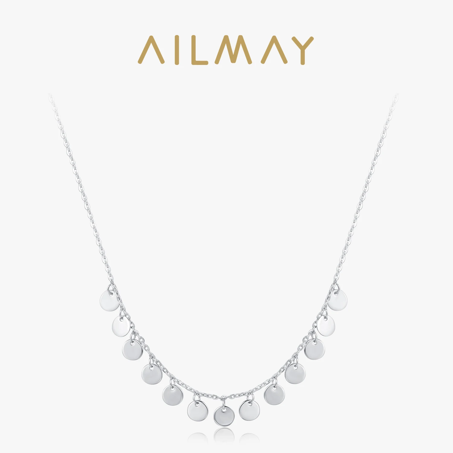 Ailmay Real 925 Sterling Silver Fashion Personality Circular Sequins Pendant Necklace For Women Girls Party Accessories Jewelry