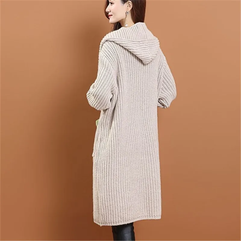 Wiosna 2026 Nowa Koreańska Moda Damski Długi Kardigan Dzianinowy Luźny Gruby Sweter Casual Vintage z Kapturem Odzież Dzianinowa B1350